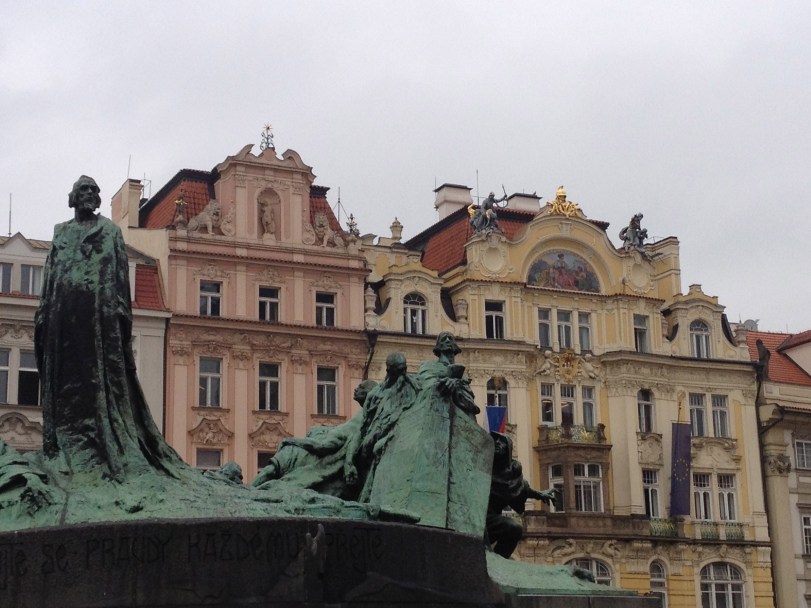 The Jan Hus statute in the middle of the square. He was a famous Prague reformer.