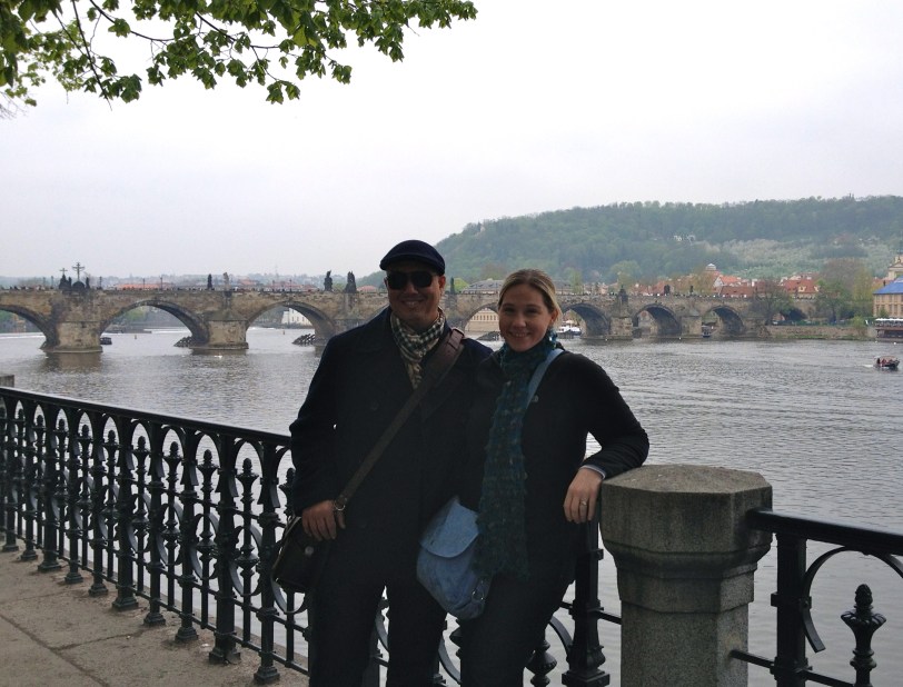 With the Charles Bridge in the background.