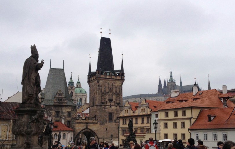 On the Charles Bridge looking at the Lesser Town and the Castle.