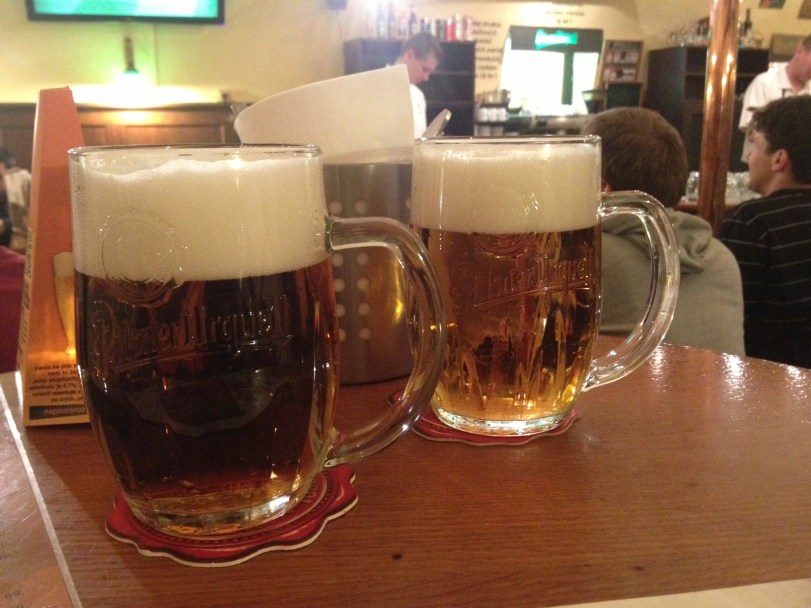 The beer came in fun glasses and had the oddest pours I had seen - a lot of head at the top, which apparently is the proper way to do it!