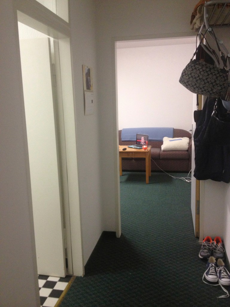 Back down the hall into the living room/kitchen area!