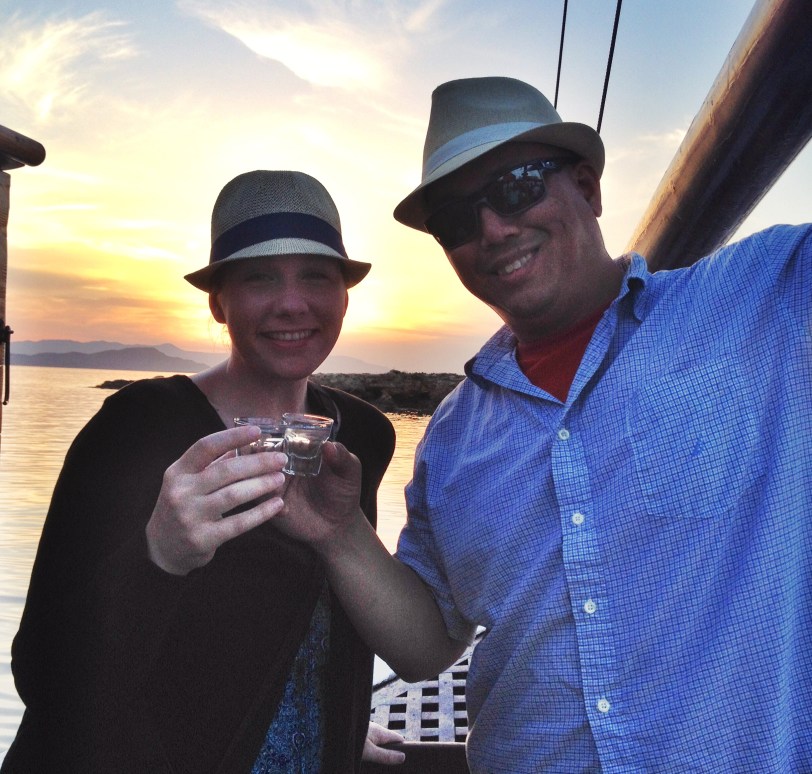 Cheers! Shots of Raki while watching the sunset on the boat!