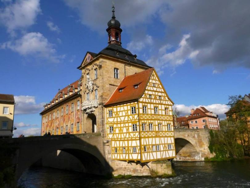 The Altes Rathaus built in 1386 in the middle of the Regnitz River, accessible by two bridges. 