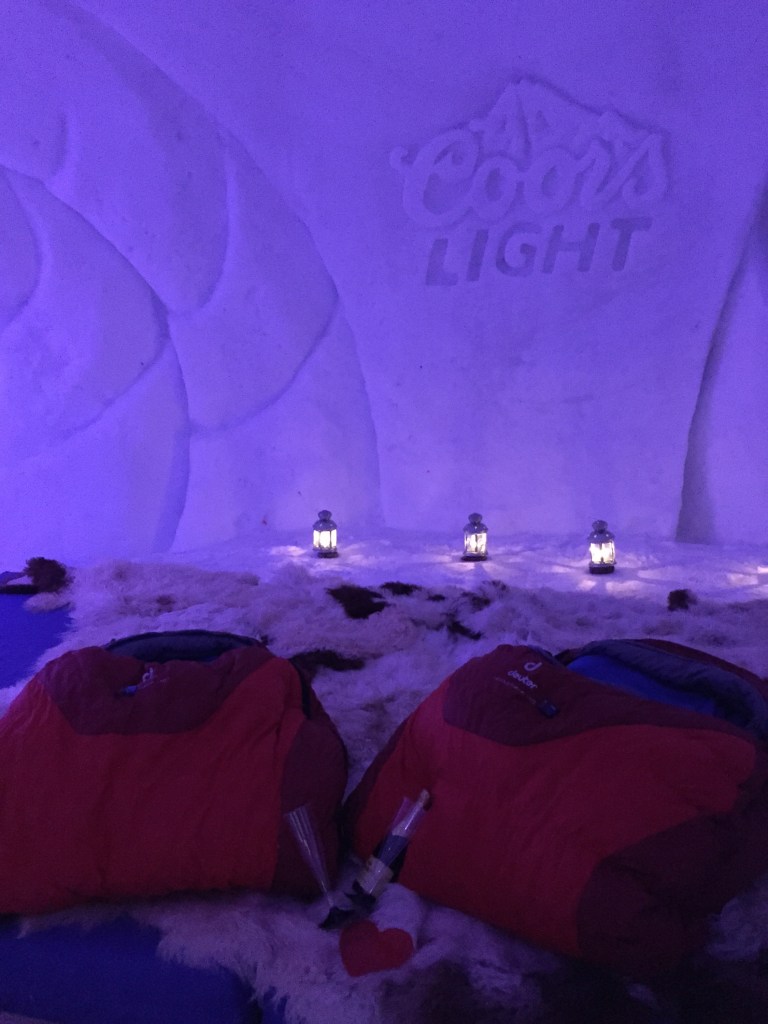 The very cozy setting...with the ever-so-romantic Coors Light carved into the wall! :-)